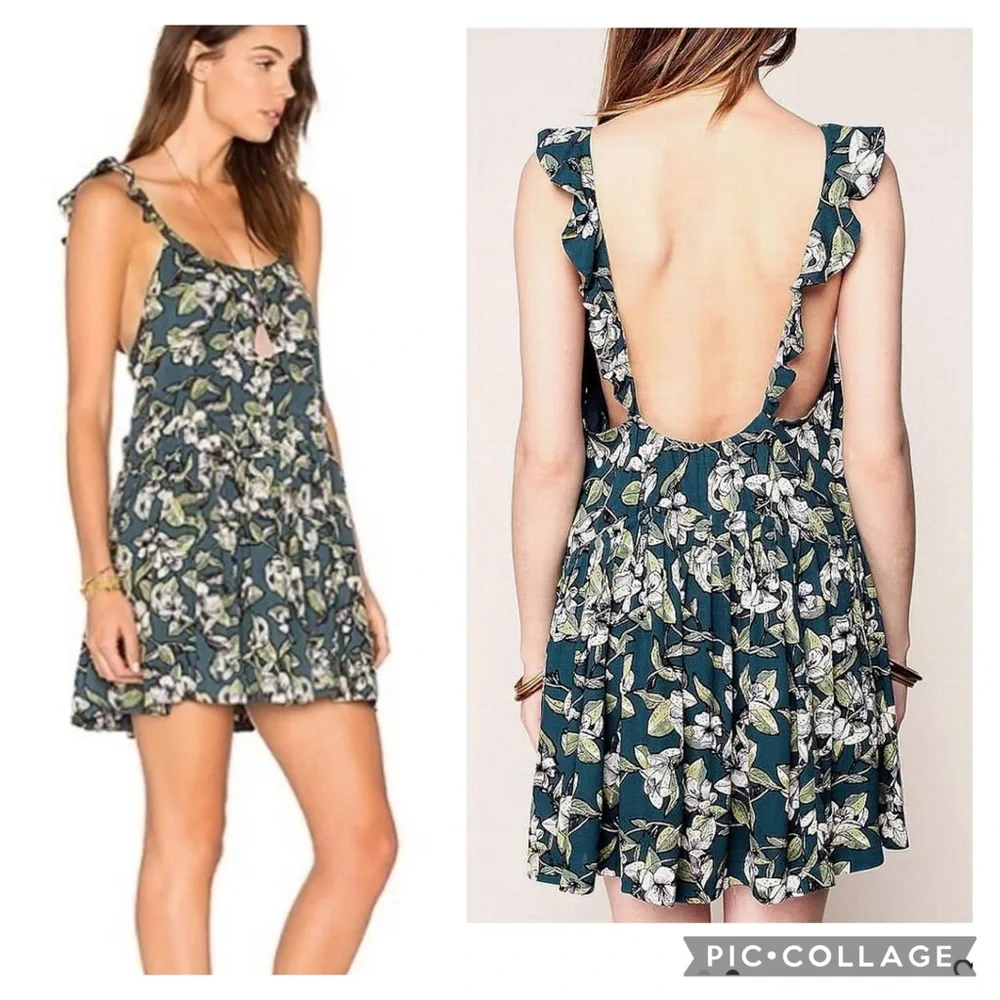 FREE PEOPLE Dear You Blue Green Floral Ruffle Flare Casual Sundress Size Medium